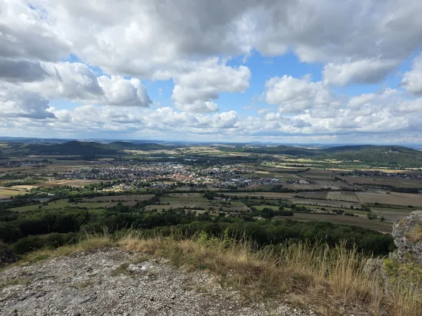 Weitblick vom felsigen Plateau des Staffelbergs hinab auf eine von Feldern, Wäldern und Ortschaften geprägte Tallandschaft. Über der weiten Ebene erstreckt sich ein leicht bewölkter, blauer Himmel. (KI-generierte Bildbeschreibung)