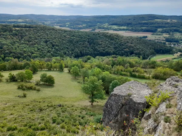 Blick von einer felsigen Klippe hinab auf eine grüne Hügellandschaft mit Wiesen und ausgedehnten Mischwäldern. Im rechten Vordergrund befinden sich graue Kalksteinfelsen. (KI-generierte Bildbeschreibung)